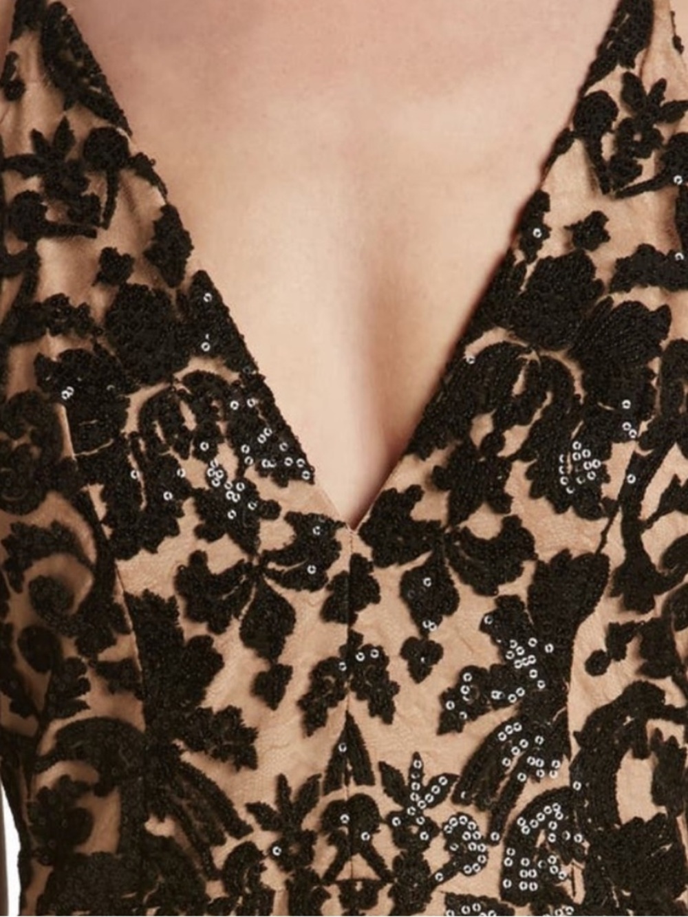 DRESS THE POPULATION Karen Black Lace Sequin Maxi Gown Nude Lining S Mermaid - Picture 4 of 11